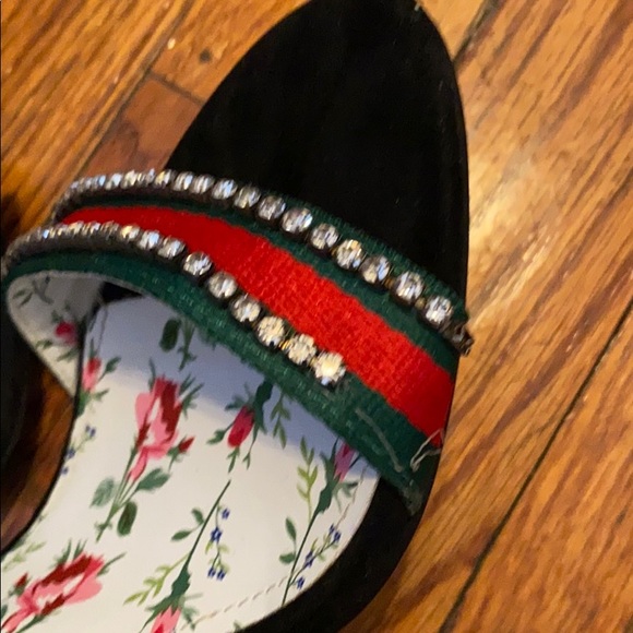 Black velour heel sandals with rhinestones - Picture 3 of 7